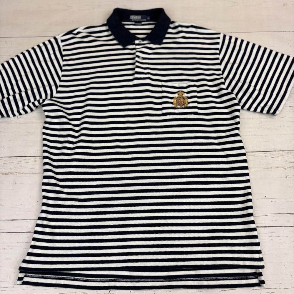 Polo By Ralph Lauren Crest Polo Shirt Mens XL Black Striped Embroidered Pocket